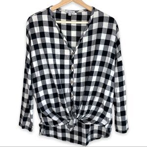 Buffalo Plaid Black and White V Neck Button Down
